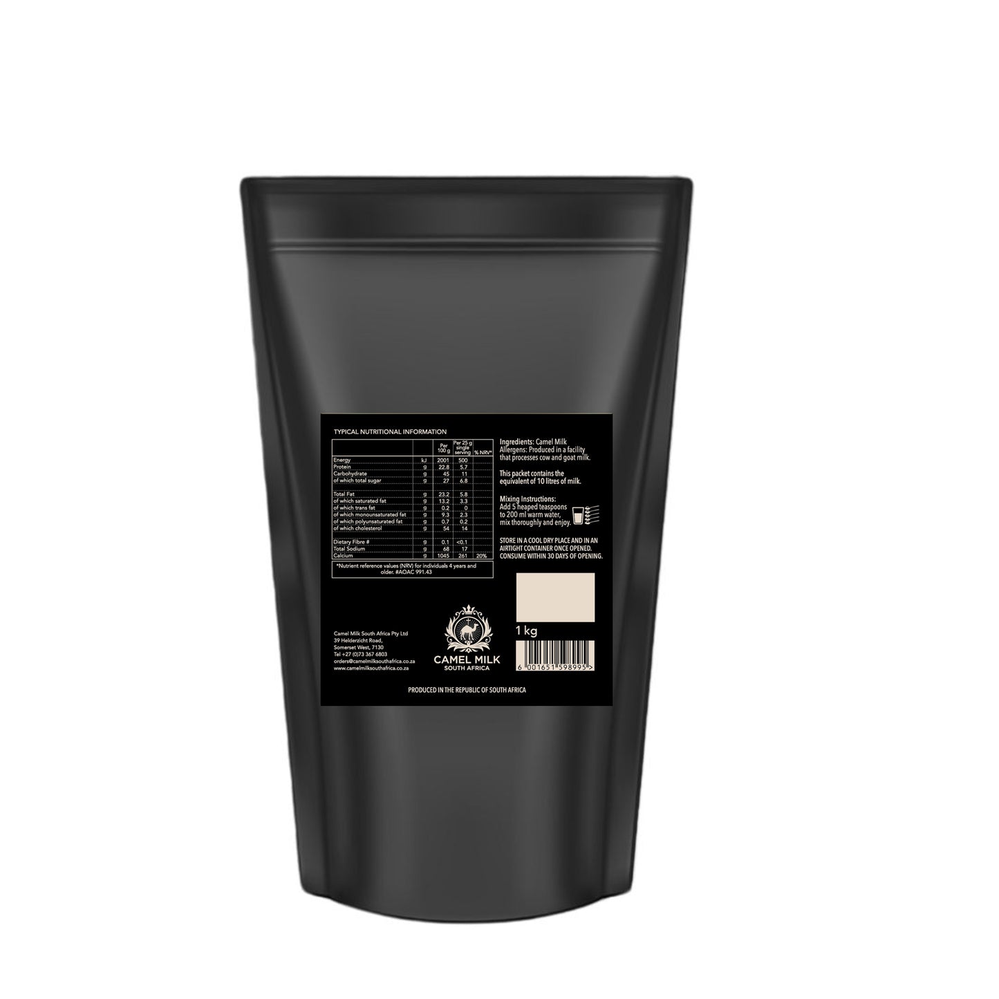 Camel milk powder packed in black package with a label on a white background.