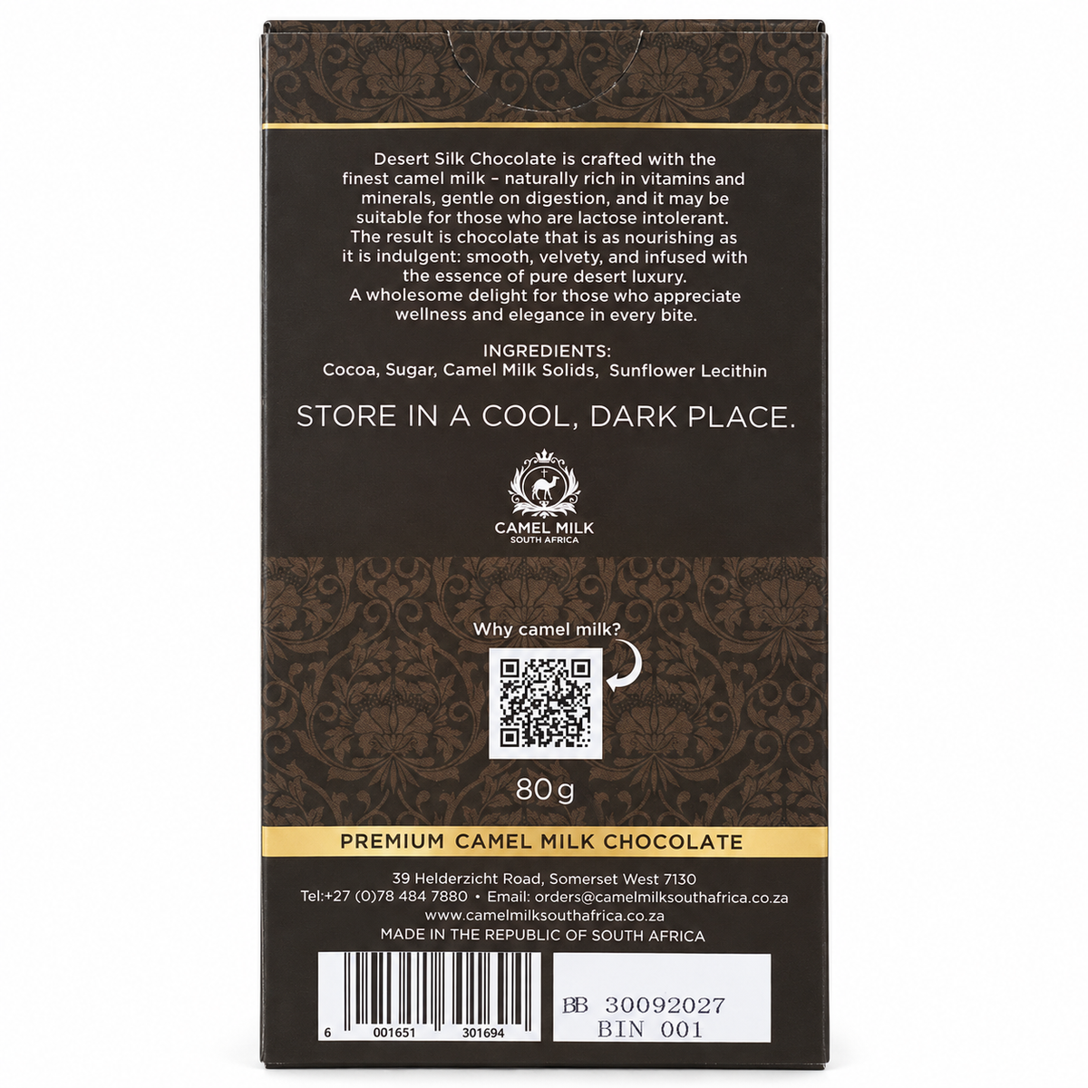 Camel Milk South Africa chocolate packaging information