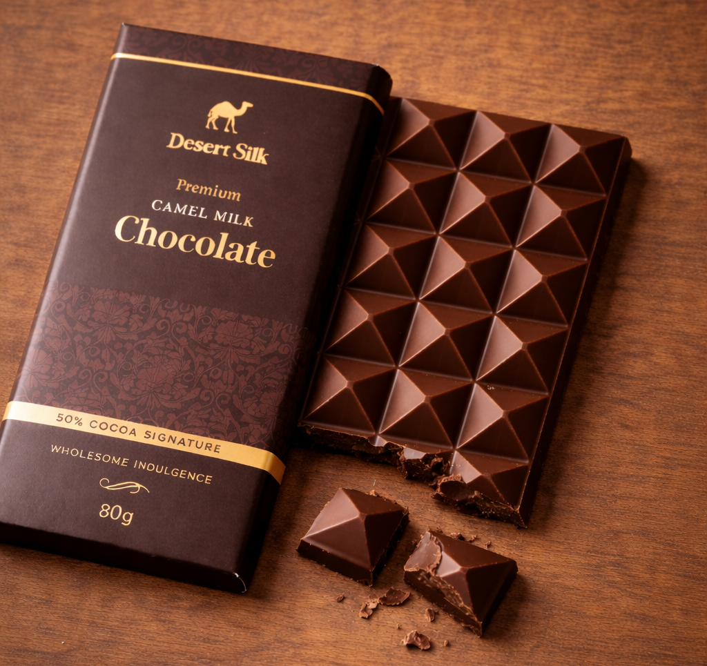 Desert Silk camel milk chocolate bar with packaging on a wooden surface