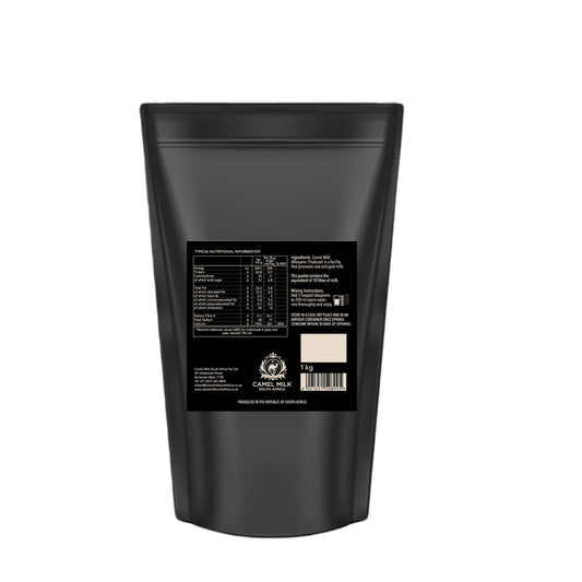 Camel milk powder packed in black package with a label on a white background.